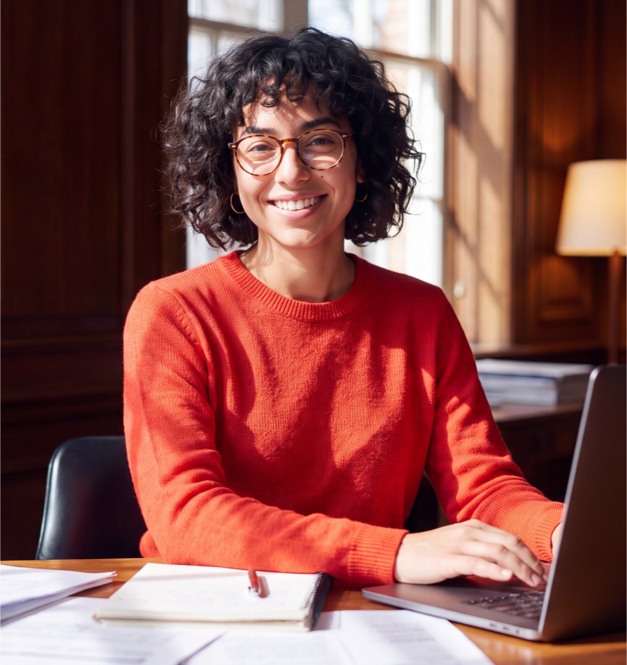 Une comptable souriante à son bureau, devant son ordinateur portable