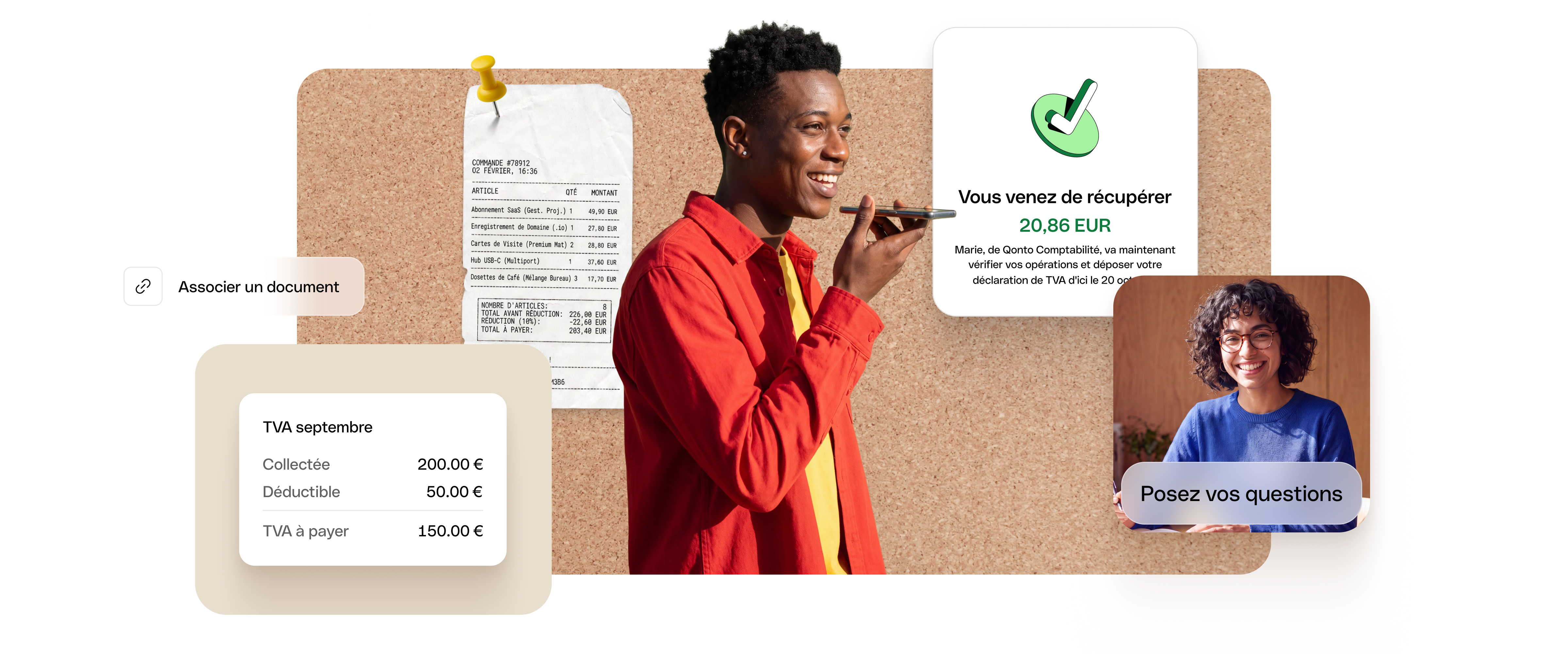 Un indépendant et son comptable dédié Qonto, avec un récapitulatif de TVA et une déclaration déposée